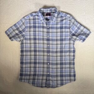 UNTUCKit Mens Medium Blue Grey Plaid Short Sleeve 100% Cotton Button Down Shirt